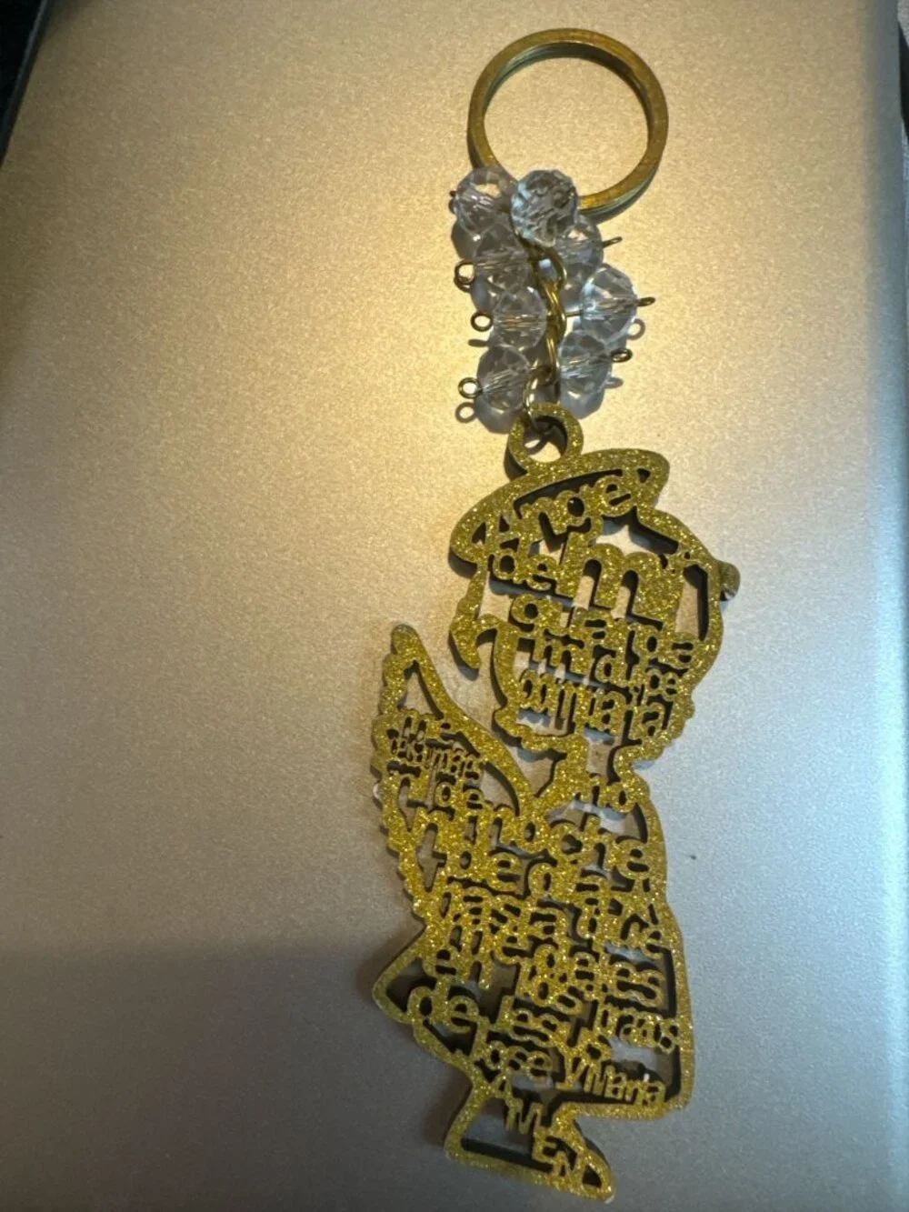 Gold Glitter Angel Keychain With Clear Beads & Intricate Prayer Design